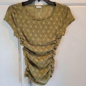 Free People Green Lace Rouched Sides Short Sleeve Top